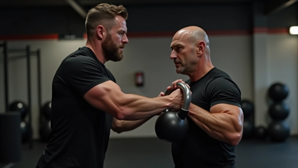 Coach providing form correction to a mature athlete performing a kettlebell movement with proper technique in a gym
