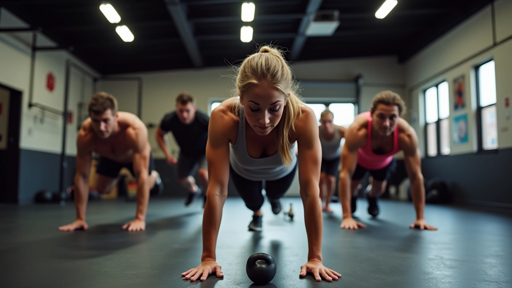 Group of adults doing scaled CrossFit movements in a bright, welcoming gym environment