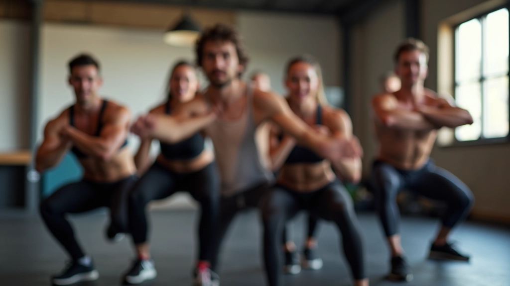 Group of mature athletes aged 45-58 performing scaled functional movements together in a bright, welcoming training facility