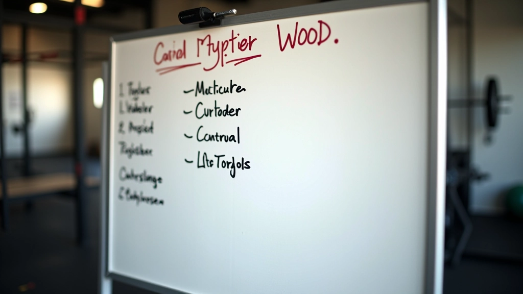 Whiteboard showing a typical WOD challenge structure with time domains and movement options for different fitness levels