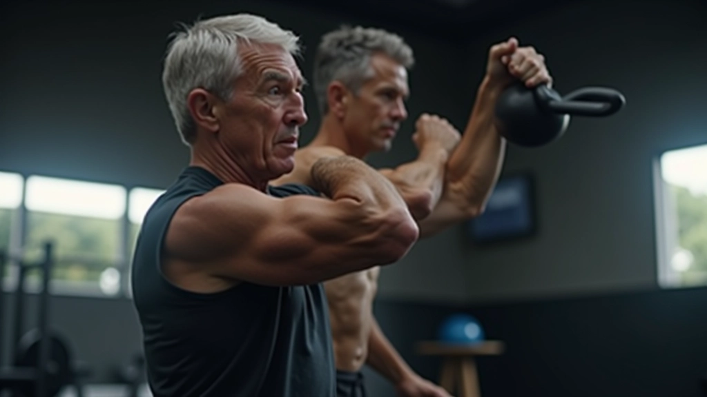 Older adult performing proper kettlebell swing form with good posture and body alignment