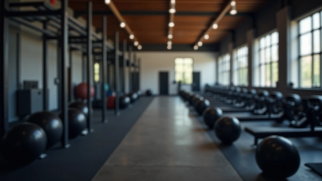 Interior view of a modern CrossFit gym with equipment organized neatly, welcoming atmosphere with bright lighting and wooden flooring