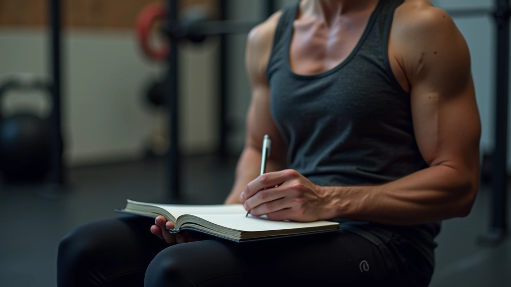Athlete writing personal fitness notes in a training journal after completing a challenge workout
